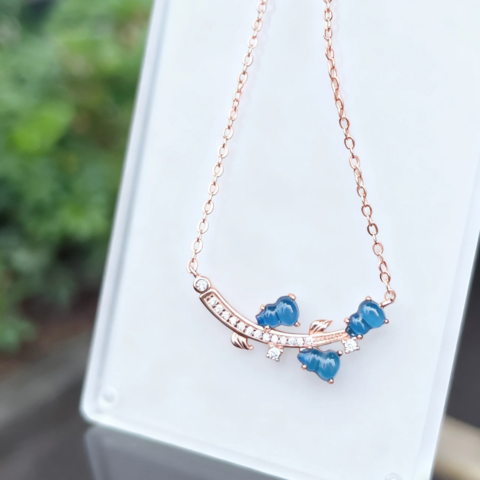 Romantic Leaf Design Pendant Necklace Rose Gold Plated with Blue Amber and Zircon Gift for Her Valentine Love Jewelry