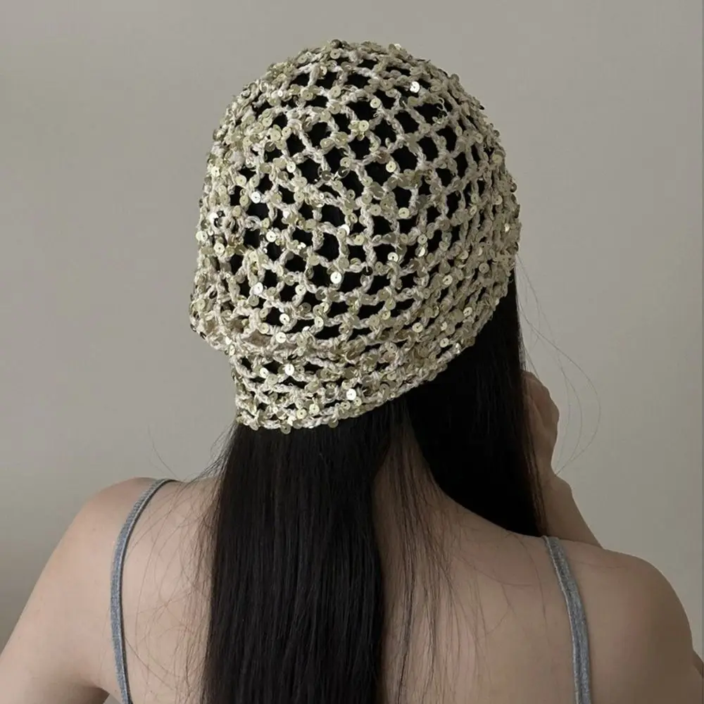 Gorro tejido con lentejuelas vintage informal Y2k, sombrero de cubo con lentejuelas huecas, gorro de punto fino, sombreros de verano