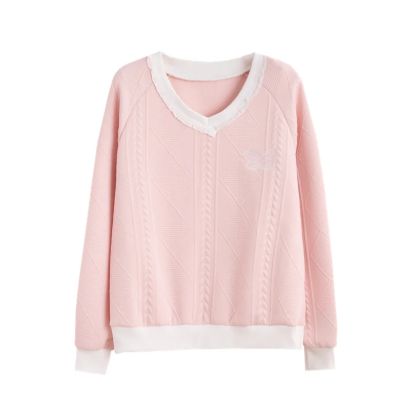 Primavera Autunno Dolce Top morbido Ragazze Alla moda Allentato scollo a V in pizzo con volant Bordo in rilievo Farfalla Digitale Fresco Pullover casual