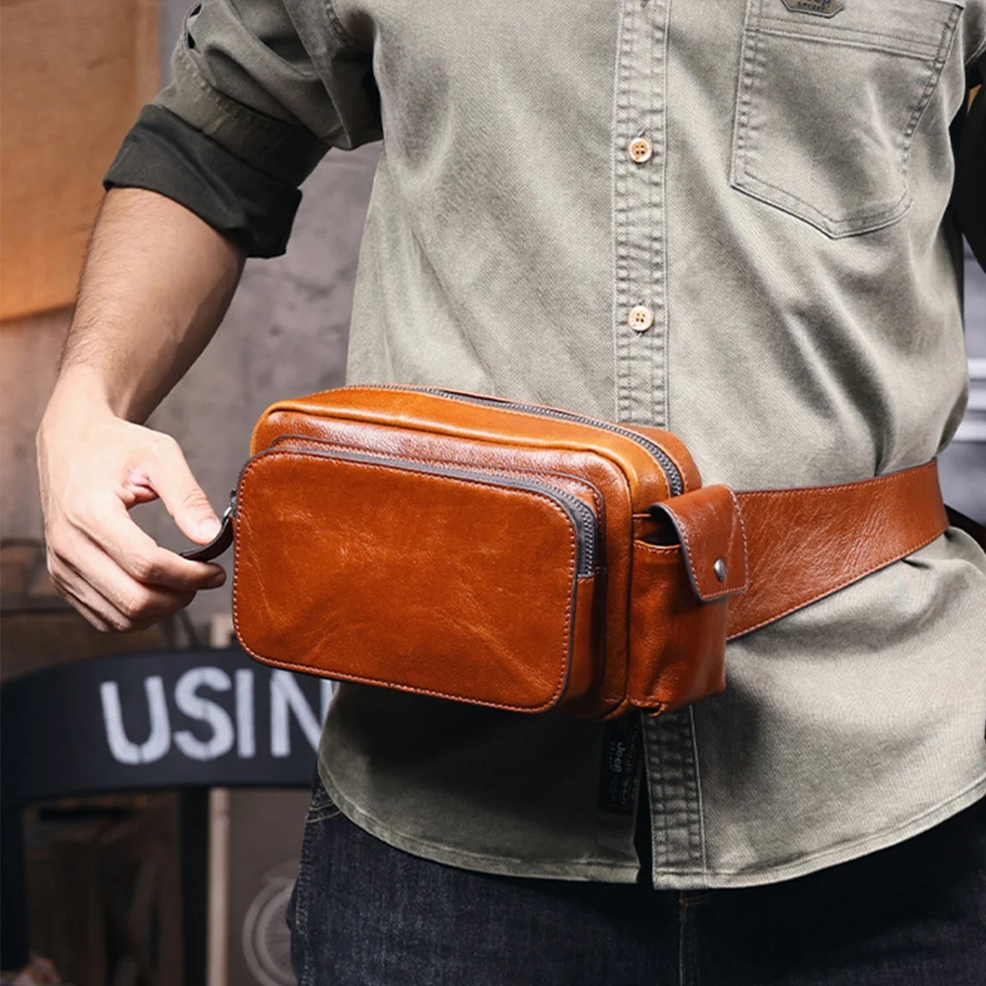 Men Top Grain Genuine Cowhide Sling Chest Bag Multi Ways Wear Waist Bag Crossbody Phone Pouch Vintage Leather Fanny Pack Male