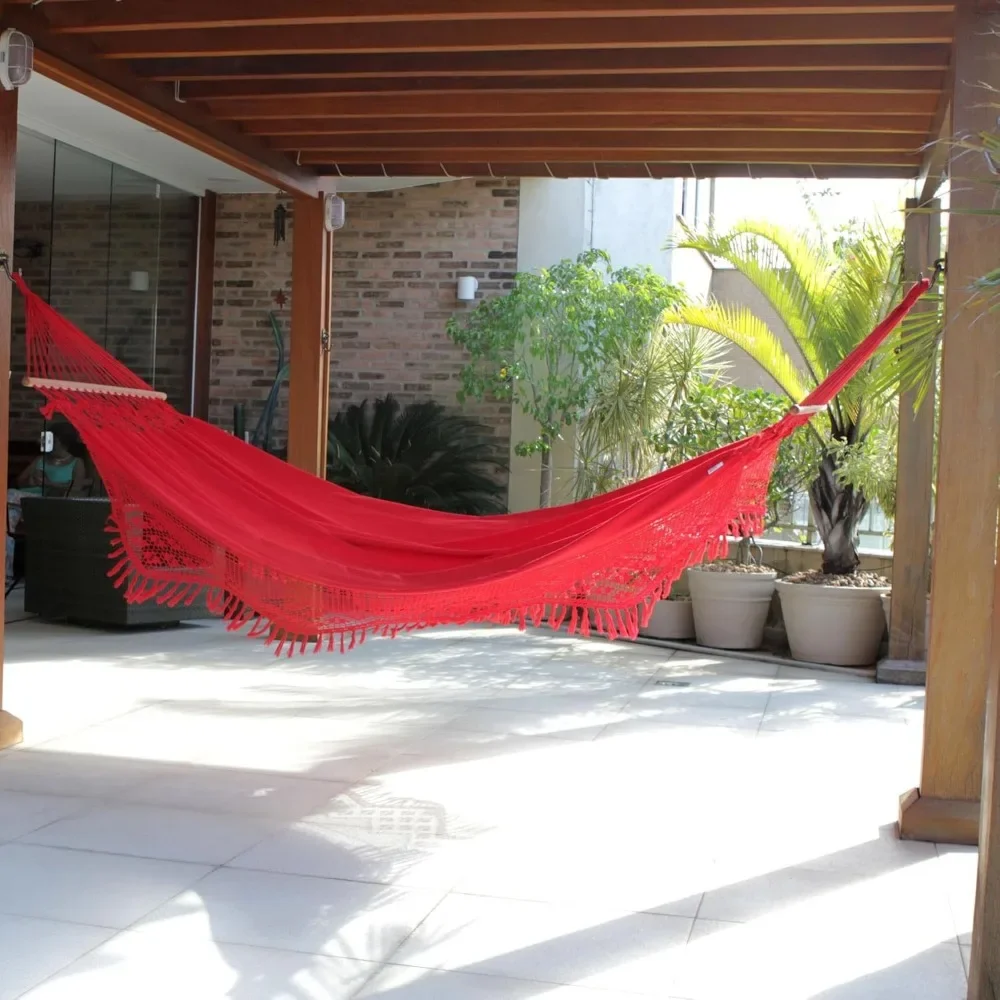 Artisan Handwoven Cotton Hammock with Spreader Bars Red Single Brazil Fabric Solid Backyard Barbeque|