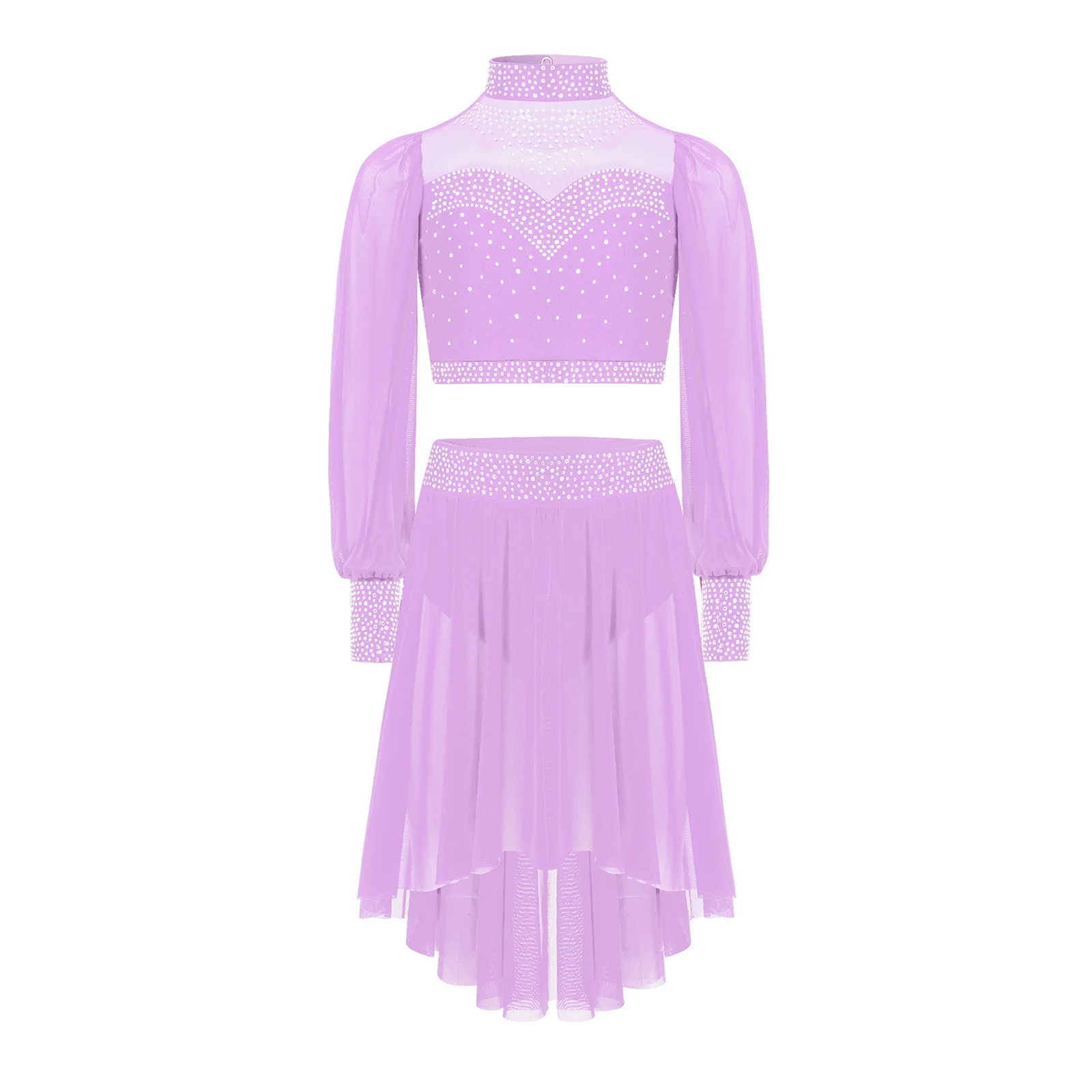 

Kids Girls Ballet Dance Costumes Sheer Mesh Long Sleeves Cutout Back Crop Top with Asymmetry Skirt for Ballet Latin Dance Show