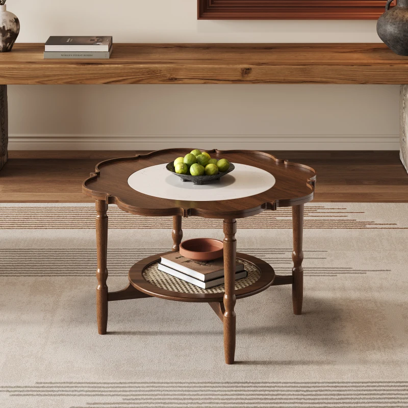 Mid-Century Style Coffee Table with Petal Shape and White Crackle Pattern Glass, 2-Tiered Coffee Table with Rattan, Walnut,31.5