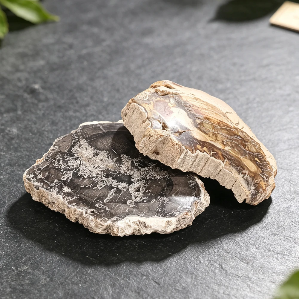 Natürliches Versteinertes Holzstück, Unregelmäßige Raue Mineralsteinplatte für Schreibtischausstellung, Heimdekoration, Sammlerstück – Detail 4