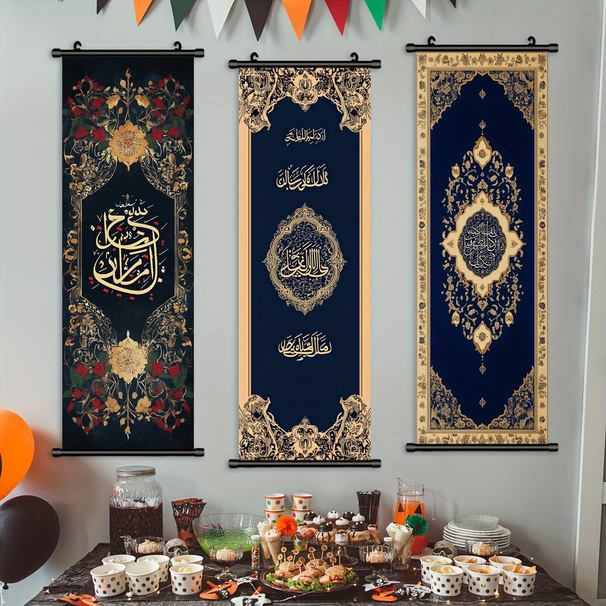 VIKAMA Muslim Arabic Art Wall Scroll Tapestry, Antique Gold Blue Floral Pattern, Islamic Fabric Poster, Home Wall Hanging Decor
