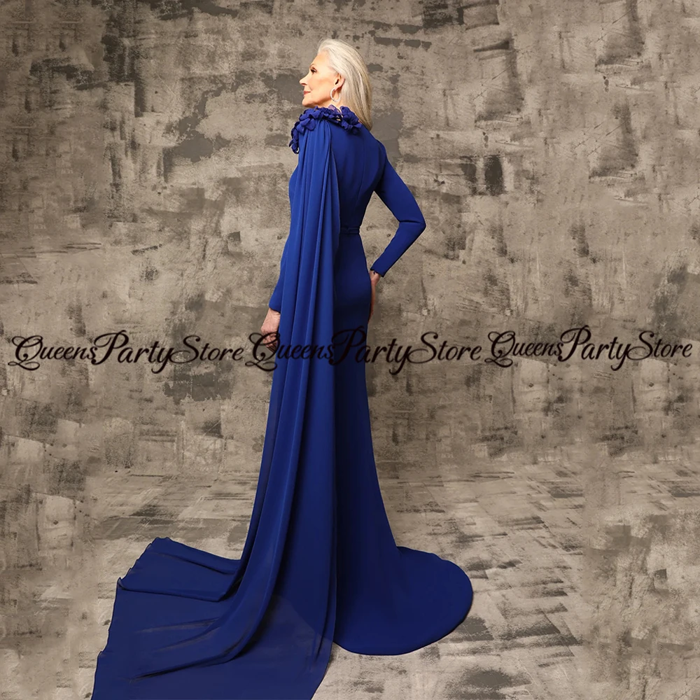 Royal Blue Mother of The Bride Dress with Chiffon Shawl Long Sleeves Sweep Train Jersey Mermaid Wedding Guest Gown for Women