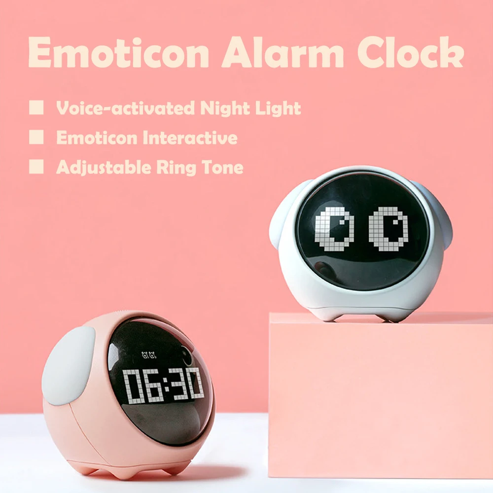 

LED Bedside Night Light Cute Expression Pixel Alarm Clock Multifunction Smart Snooze Chargeable Kids Emotion Digital Alarm Clock