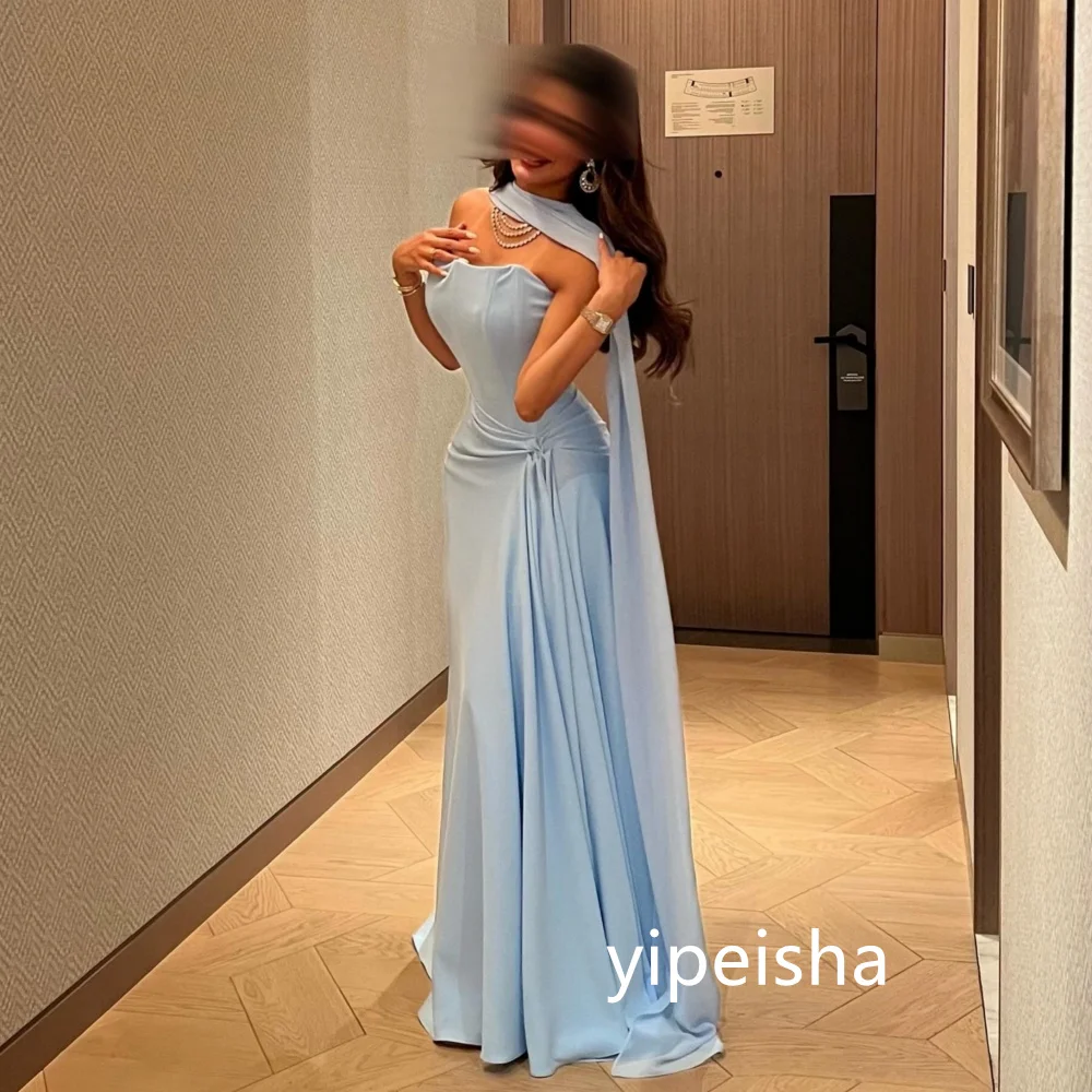 Customized Chinese Style Jersey Pleat Ruched A-line Strapless Long Dresses Prom Dresses Formal Casual Simple Retro Fashion Elega