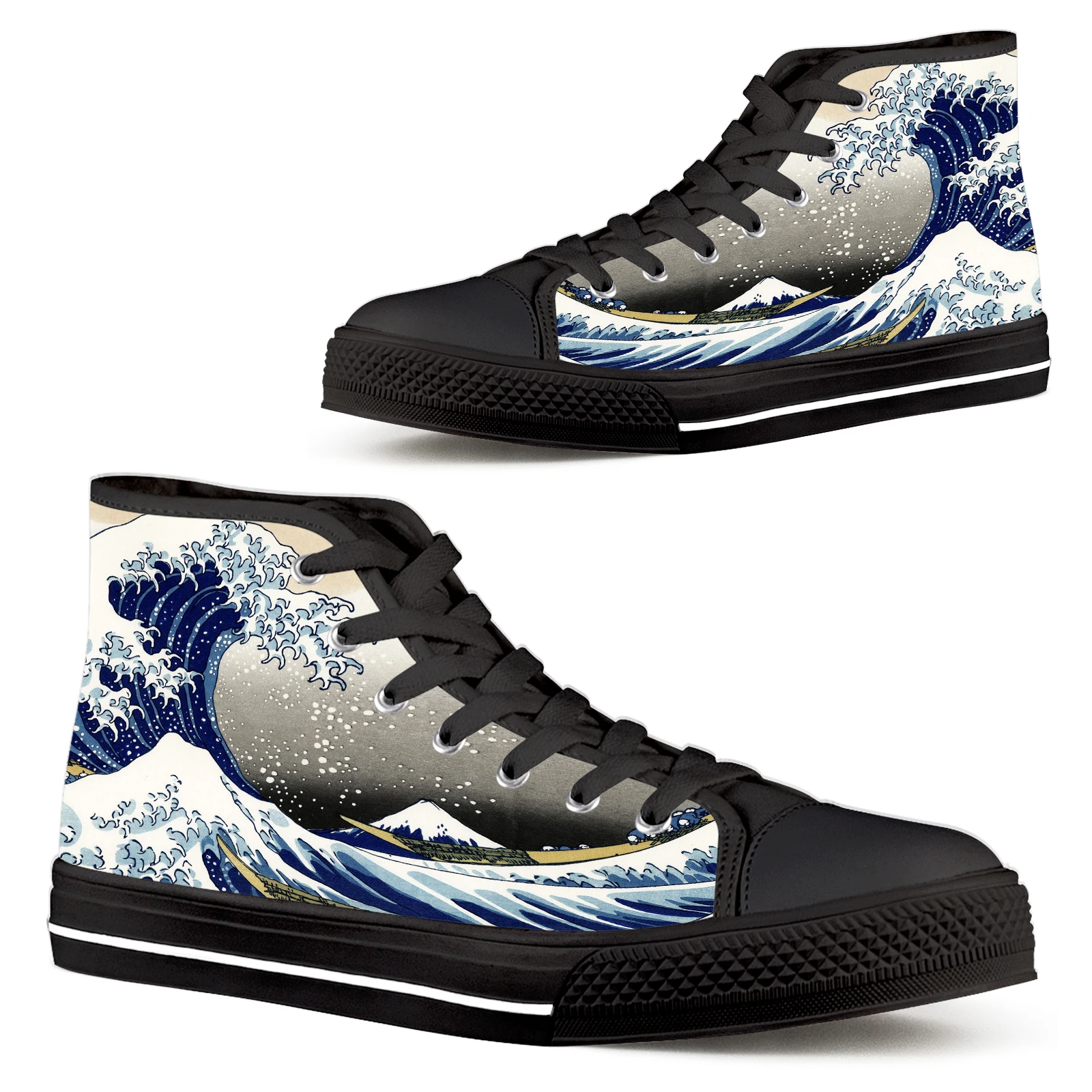 

ELVISWORDS Wave Art Painted Wave Ladies Shoes Women's Black Lace-up Soft-soled Outdoor Shoes Classic High Top Shoes For Women