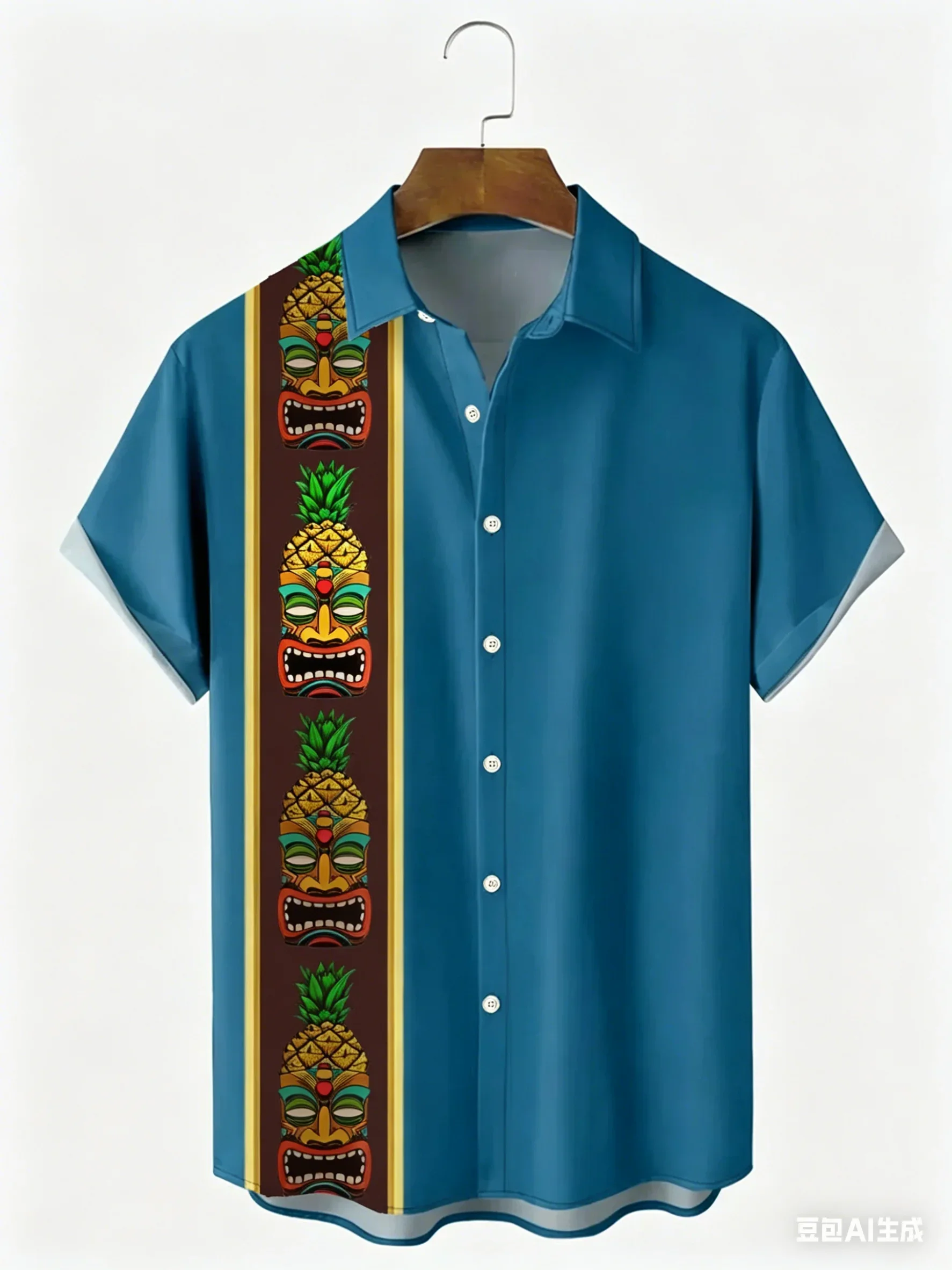 Herrenhemd Sommer Flammenmuster Hochauflösendes 3D-Druck Revers-Knopfhemd Tiki-Serie Hawaiianisches Kurzarmhemd