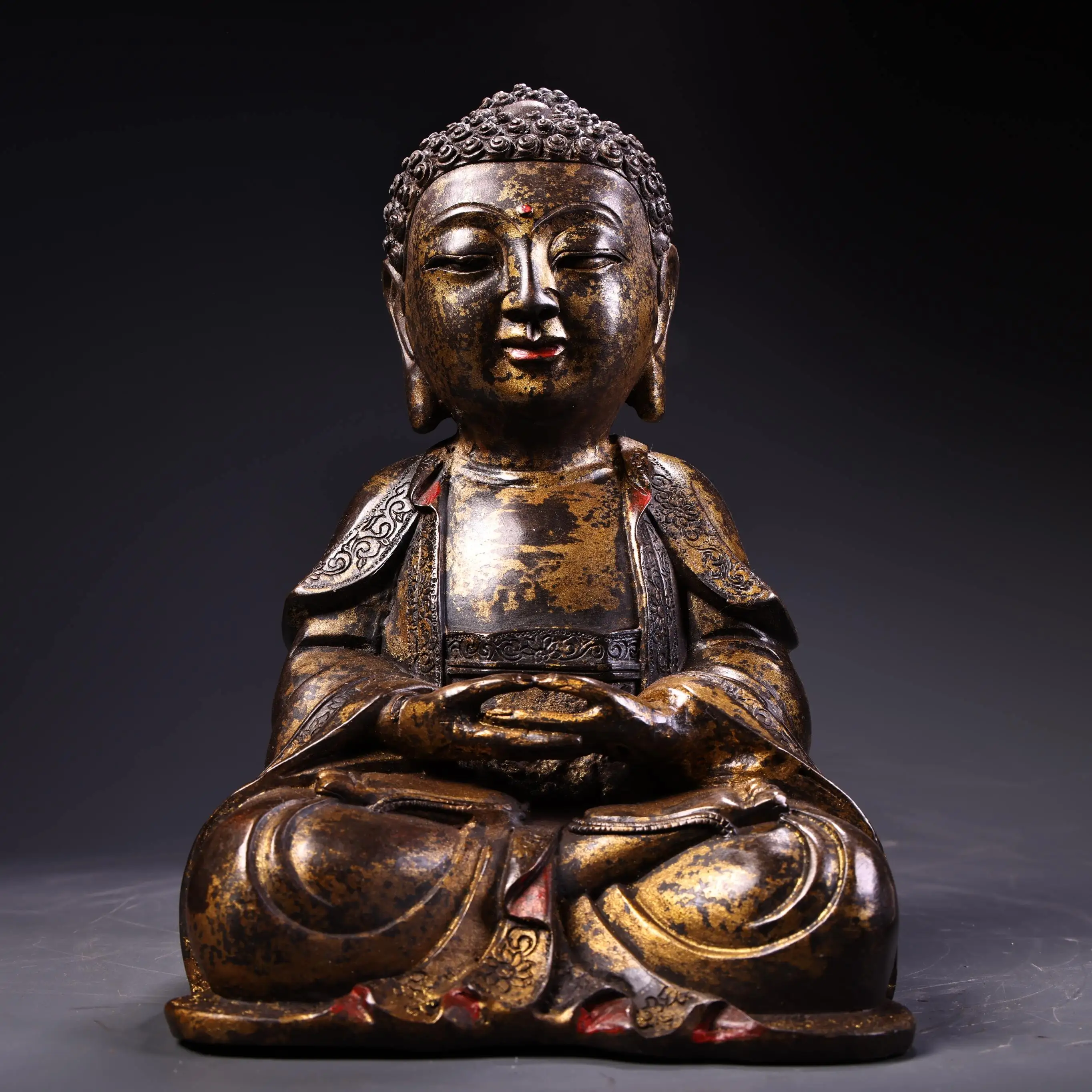 

16 "Непалский народный старый бронзовый позолоченный киноварь с высоким рельефом Амитабха Шакьямуни Сидящий Будда Зал поклонения