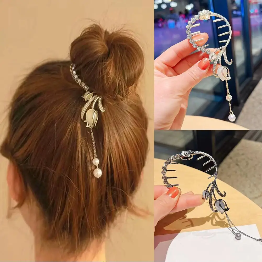 Fashion Hair Clips Women Girls Ponytail Buckle Rhinestone Tassel Hair Girls Tulip Pill Women Hair Claws Head Metal Accessor J2A1