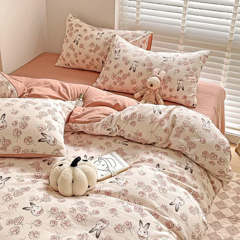 

Colorful flower Ins Jacquard Girls Comfort Bedding Set Soft Cotton Bed Sheet Quilt Cover Pillowcase Bed Linens Comforter Sets