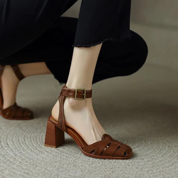 Vintage Designer Brown Leather Women Sandals Platform Weave 7cm Chunky High Heels Summer Creepers Square Toe Gladiator Sandalias