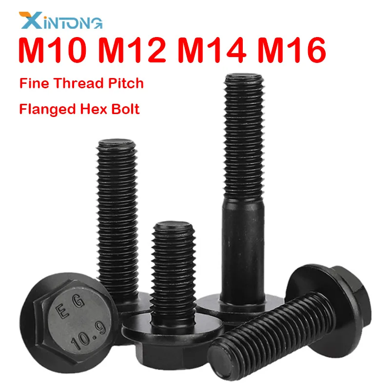 M10 M12 M14 M16 kelas 10.9 baja karbon hitam flens kepala baut Cap sekrup ulir halus Pitch 1.25/1.5mm sekrup flensa