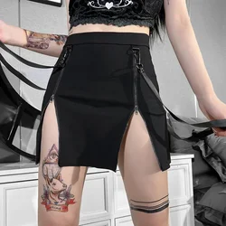 Vintage Y2k Skirt Dark Double Zipper Bag Hip Split Gothic Design Tight Skirt Harajuku Black Gothic Bag Hip Skirt Kawaii