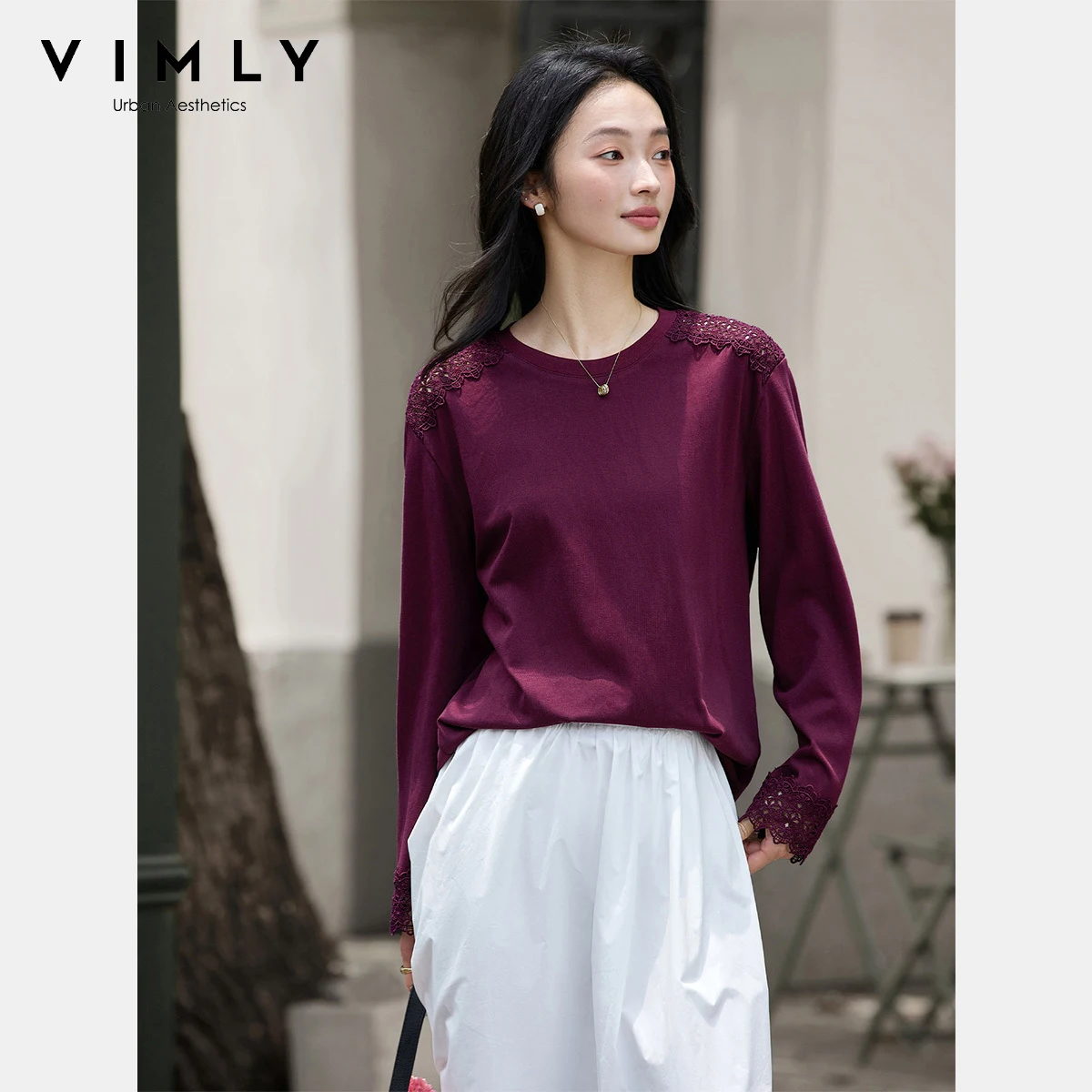 

VIMLY Long Sleeve Casual Tops Ladies Autumn 2025 Splicing Hollow Out Knitted T-shirts Femmes Round Neck Strecth Woman Tees A2109