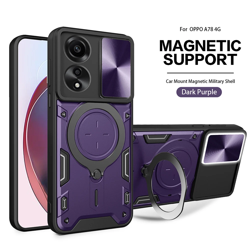 Slide Camera Case for Oppo A78 4G CPH2565 Luxury Car Mount Magnetic Holder Armor Shockproof Soft Edges Phone Cover for OppoA784G