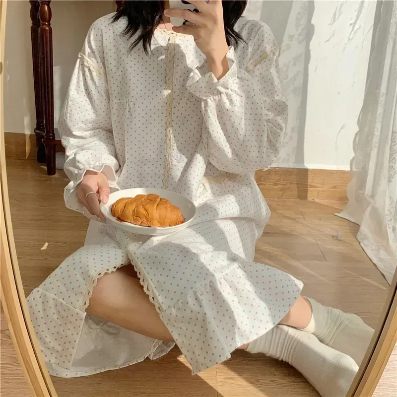 

Dress Breasted Ruffles Polka Long Cute Lacework Cardigan Ins Pure Cotton Homewear Women Nightgown Sanding Sleeve Dot Single