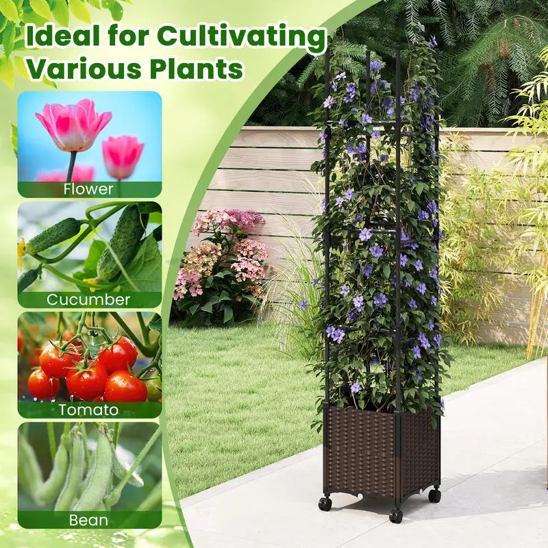 

87 Inch Tall Raised Garden Bed with Plant Box Trellis and Lockable Wheels Adjustable Height