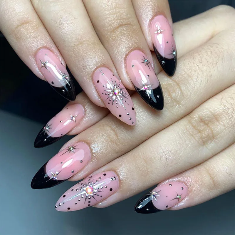 

24Pcs Black French Press on Nails Mid-length Almond Fake Nail Rhinestone Starburst Design Detachable Full Cover False Nails Tips