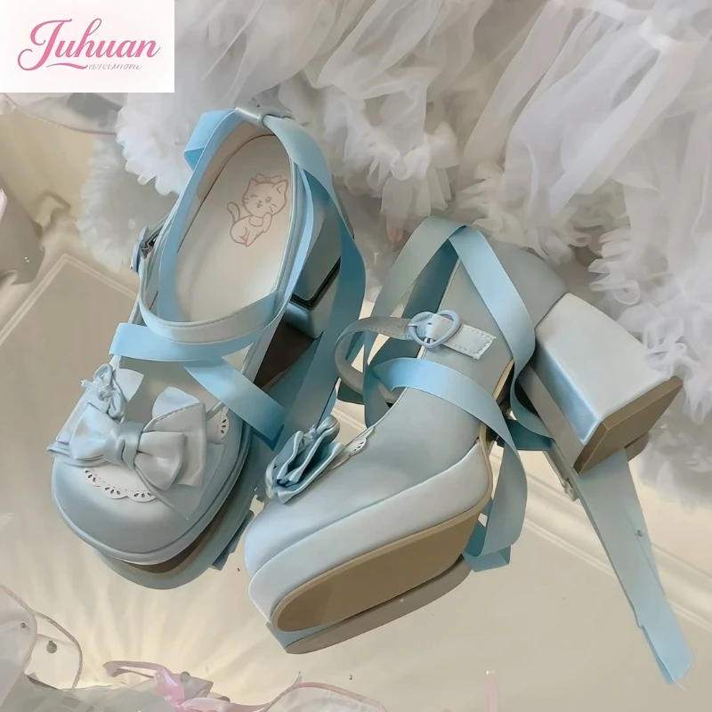 

Японские оригинальные женские туфли Лолита на высоком каблуке синего цвета, элегантные туфли Мэри Джейн с милым бантом, мягкие туфли на платформе для девочек на день рождения, косплей-туфли