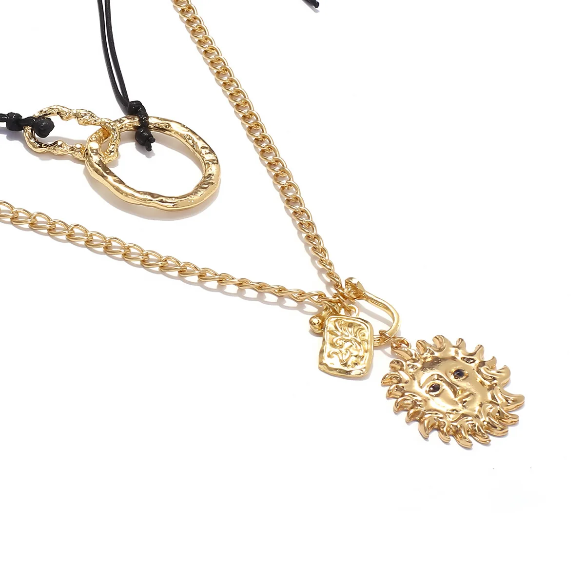 Gothic Design Style Black Leather Rope Sun Pendant Necklace Adjustable Gold Plated Geometric Stackable Choker Everyday Jewelry