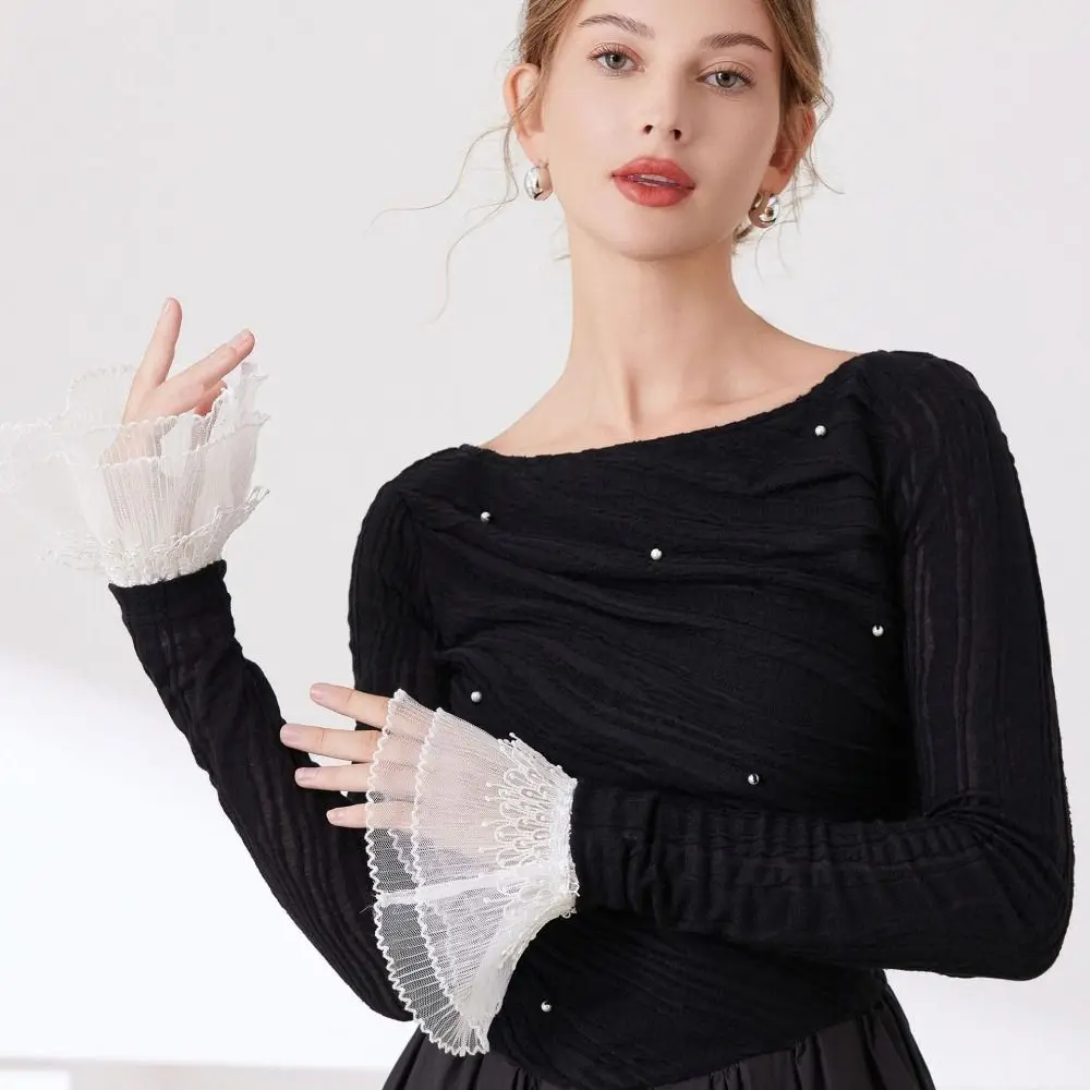 Gift Double Layer Lace Fake Cuffs Pleated Polka Dot Horn Cuffs Decoration Detachable Elastic False Cuff Sleeve Shirt Decoration