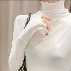 High Neck Sheer Mesh Top Women Clothing Long Sleeve Turtleneck T-shirt Korean Sexy See Through Black White Beige Shirt New