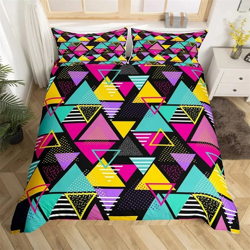 Psychedelic 3D Geometric Duvet Cover Microfiber Colorful Pop Abstract Art Comforter Cover Retro 80s Style Bedding Set Queen Size