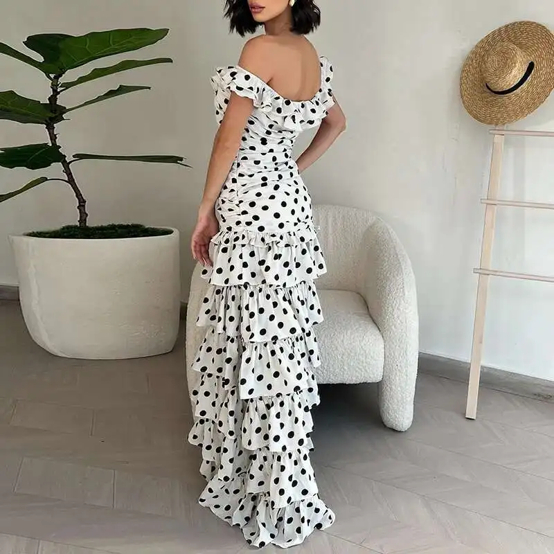 Elegante plissado fino irregular longo moda verão split em camadas bolo vestidos polka impressão fora do ombro vestido de festa feminino
