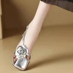 Retro Half Cover Toe Women Sandal Design Summer Cow Leather Square Head Flower Buckle Strap Slingback Mid Heels Party Shoe