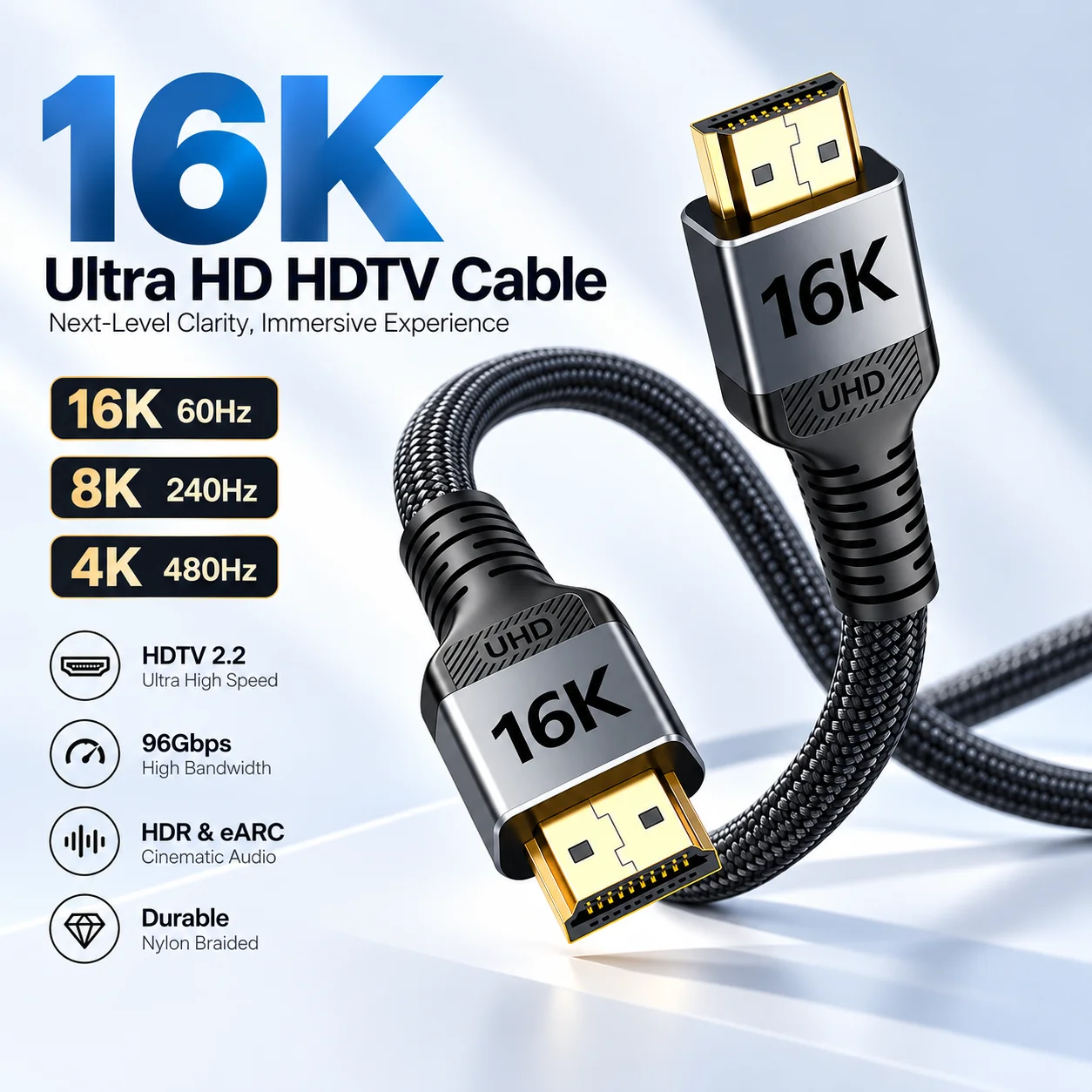 16K HDMI 2.2 Cable, 16K@60Hz 8K@120Hz 4K@240Hz High Speed HDMI Cable for TV Gaming Monitor Laptop PS5 Xbox Switch