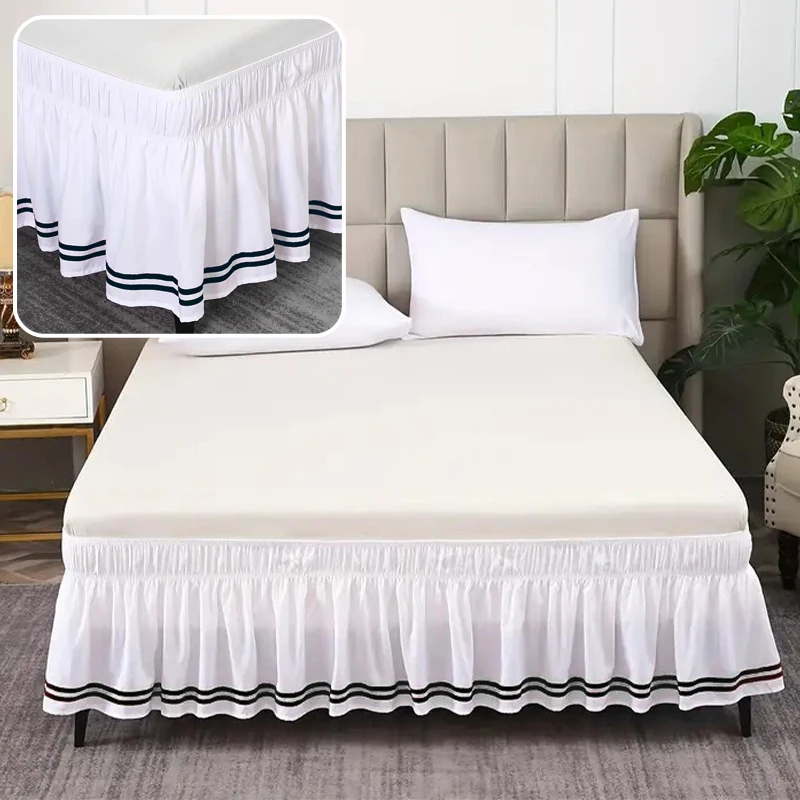 

Elastic Fringed Bed Skirt Wrap Around Design Hollow Stripes Trim Stretchable Dust Ruffle Bedding for King Queen Twin Easy Fit