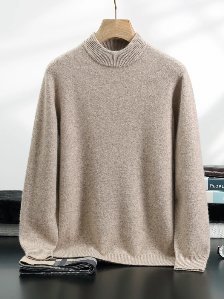 New 100% Cashmere Men Thick Pullover Mock Neck Sweater High Quality Solid Smart Casual Jumper Cashmere Knitwear Winter Clothing