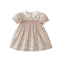 2024 nuove bambine grembiule maniche corte vestito fiore per bambini Smocking abiti ricamo estate bambino abito floreale bambini