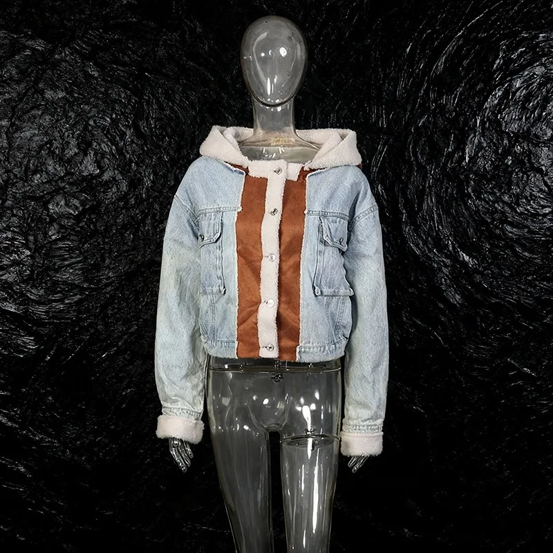 Patchwork Suede Furry Jackets Fluffy Single Breasted Hooded Denim Plush Coats Faux Lamb Warm Thick Casual Short Overcoats Street