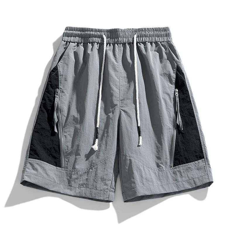 Calção com zíper de cor contrastante masculina, calça cargo com elástico na cintura, comprimento do joelho simples, nova tendência da moda, verão,