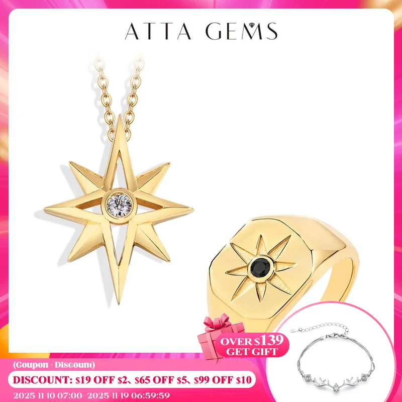 

ATTAGEMS D Color Moissanite Necklace for Women Black Spinel Rings S925 Sterling Silver Eight-Pointed Star Jewelry Set With Lucky