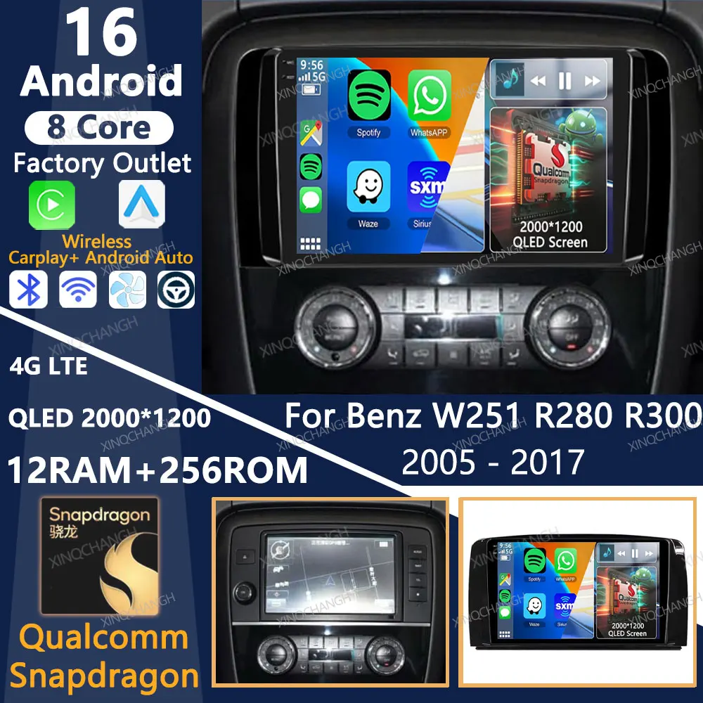 Android 16 Car Radio For Mercedes Benz R-Class R Class W251 R280 R300 R320 2005 - 2017 Multimedia Video Player 2DIN 4G WIFI QLED