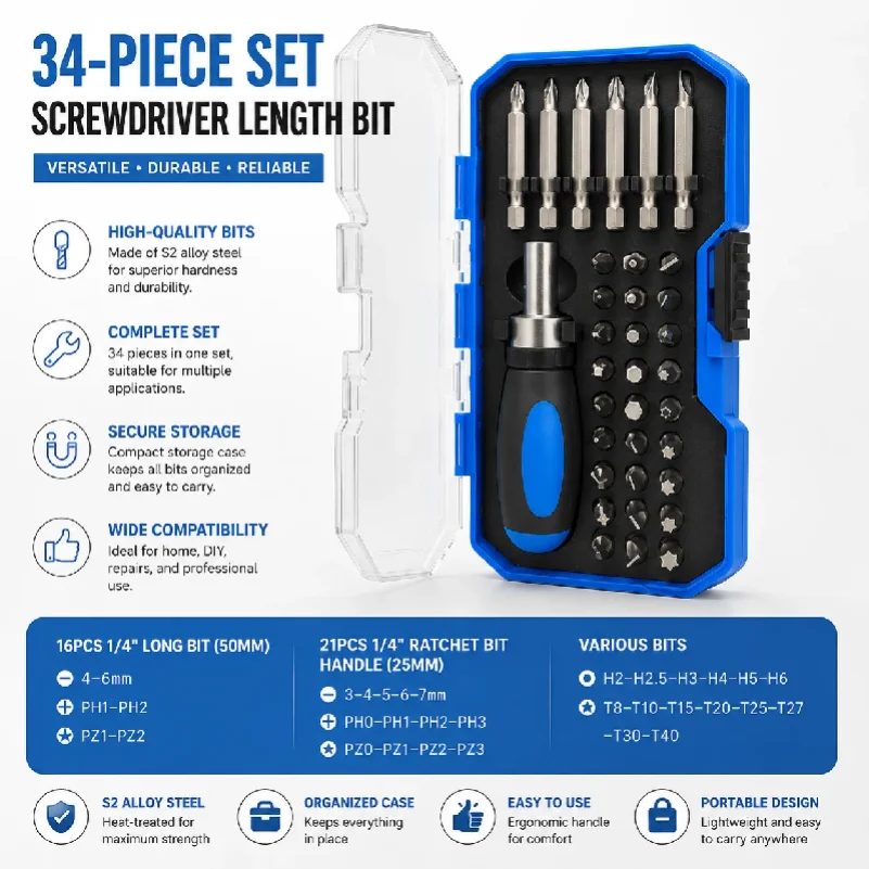 34PCS Multifunction Screwdriver Ratchet Bit Kit One Word Cross Hexagon Screwdriver Small Screwdriver Socket Head Set