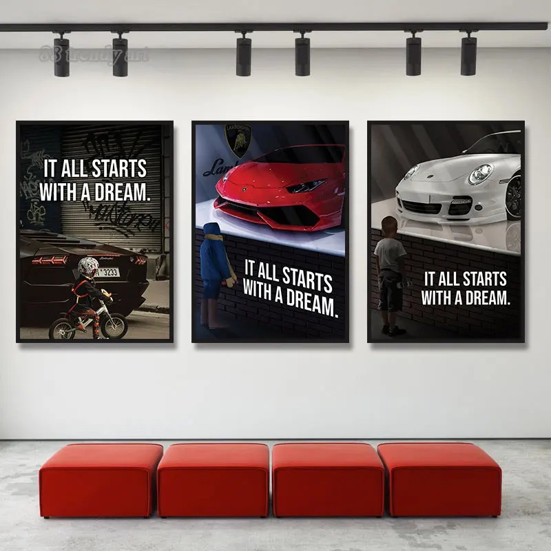 Supercar Motivation Poster Starts with A Dream Little Boy Canvas Painting Inspirational Wall Art Pictures Home Room Decoration