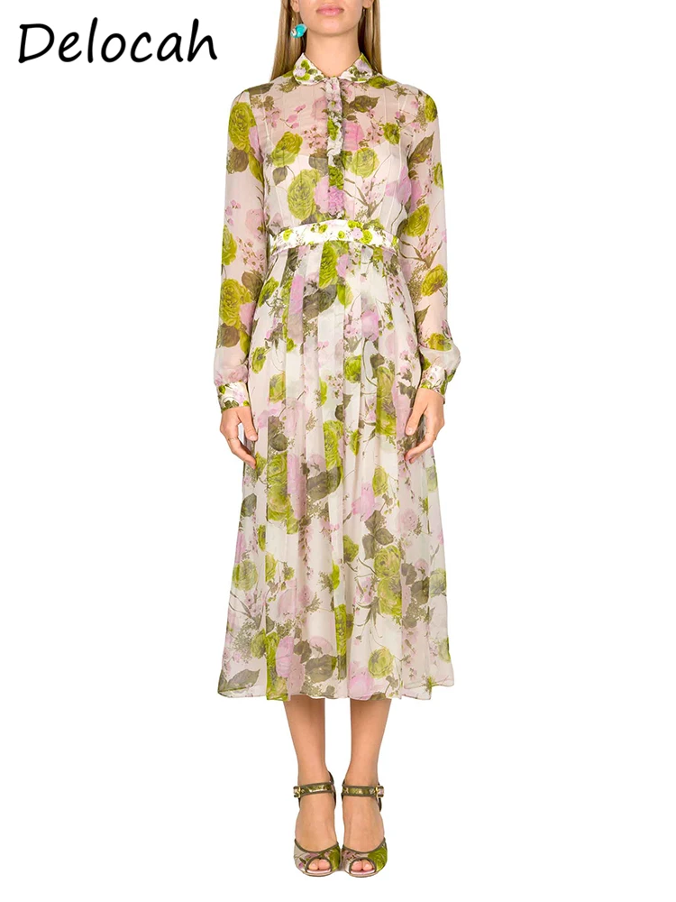 Delocah-Vestido largo de primavera para mujer, vestido drapeado de manga larga con cinturón, estampado Floral