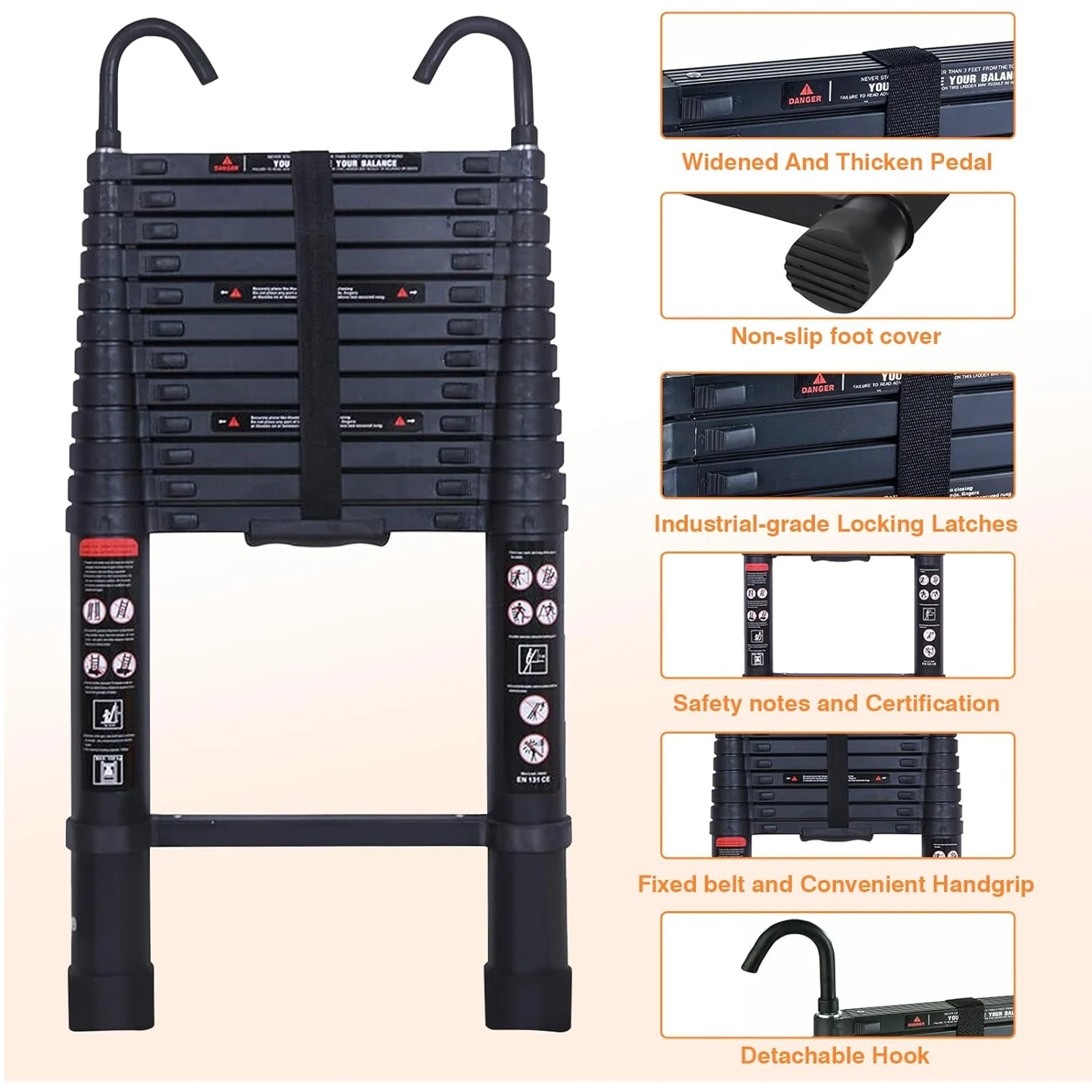 Escalera telescópica plegable de 3,8 m, escalera telescópica de aluminio negra de 85 cm a 3,8 m, 12 peldaños, escalera extensible multiusos con pies antideslizantes y ganchos desmontables, escalera extensible para el hogar, ático, jardín
