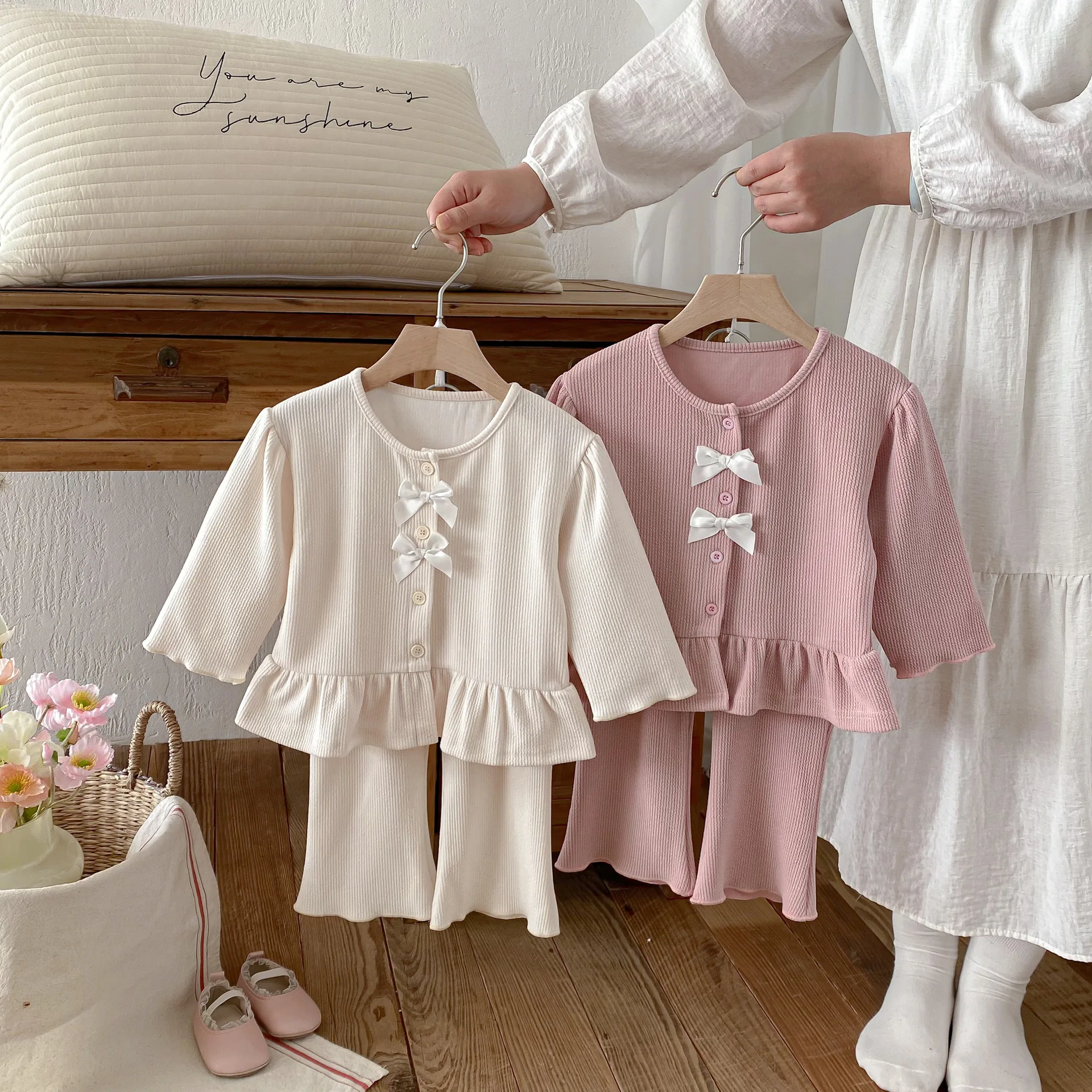 

2026 Spring New Children Long Sleeve Clothes Set Girls Sweet Bow Cardigan + Pants 2pcs Suit Cotton Kids Solid Casual Outfits