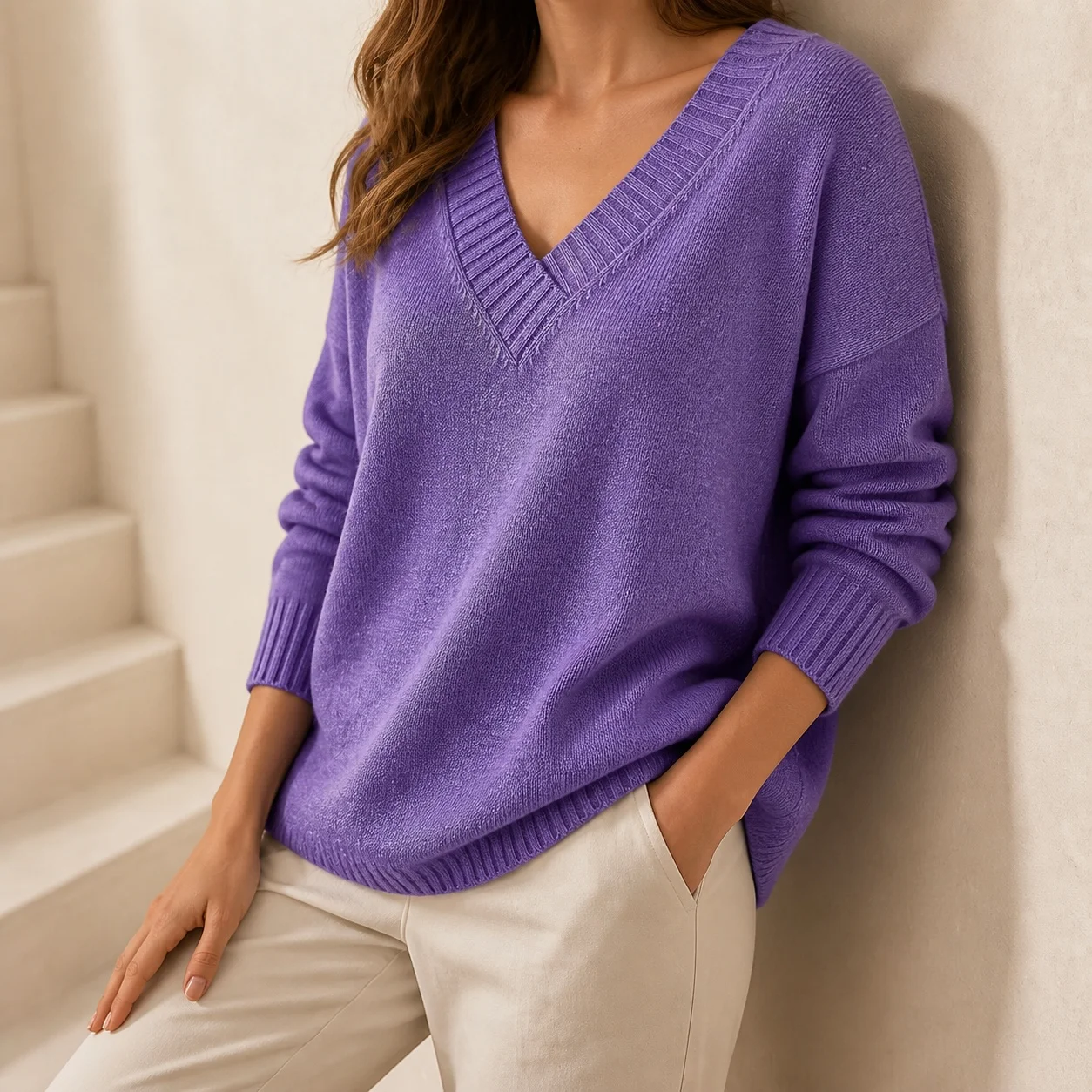 Women's Winter Clothing V Neck Long Sleeve Loose Fit Solid Color Regular Length Sweater for Women and Female Clothing with