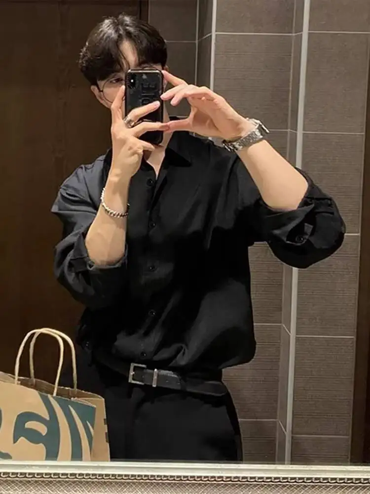 メンズ ブラック 長袖シャツ プレミアム クール カジュアル スタイル 夏 大人 軽量 ドレープ インナー トップ