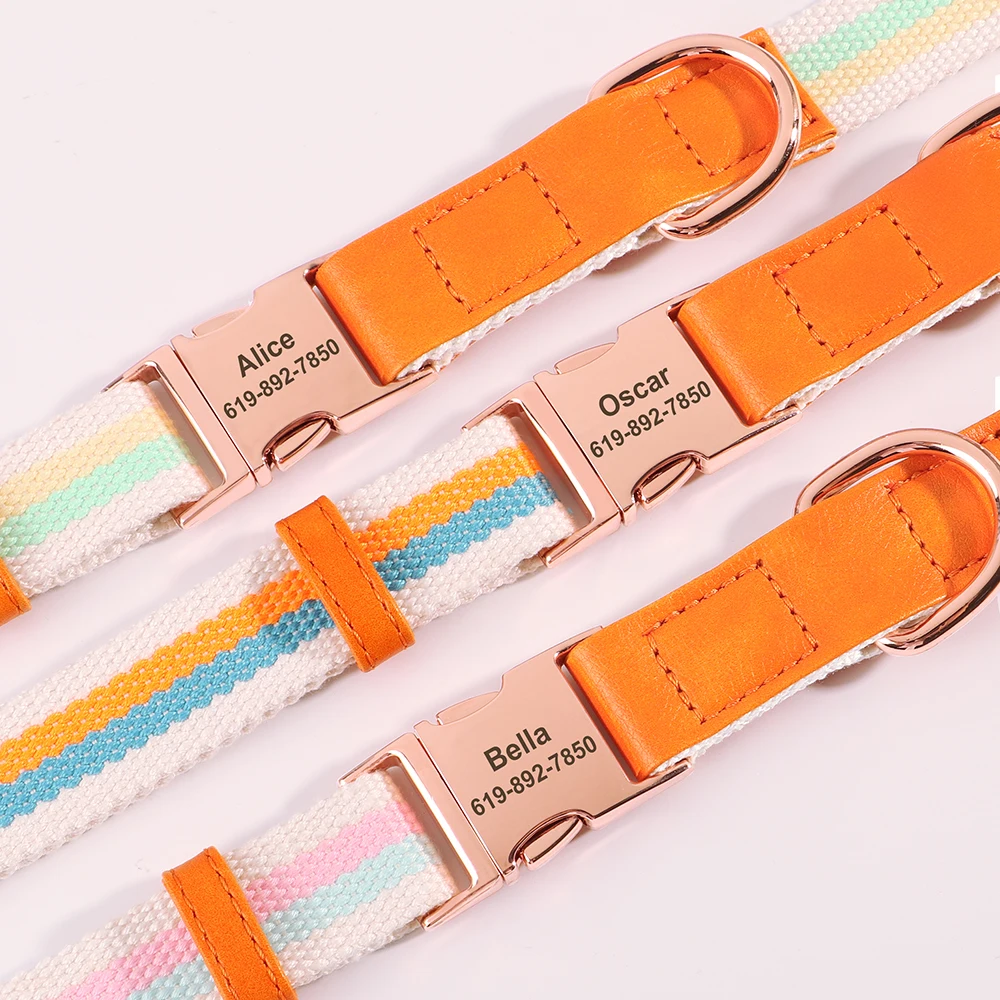 Personalized Nylon Dog Collar Leather Dogs Collars Free Engraved Pet ID Name Buckle Necklace Anti-lost For Small Large Dogs Pug