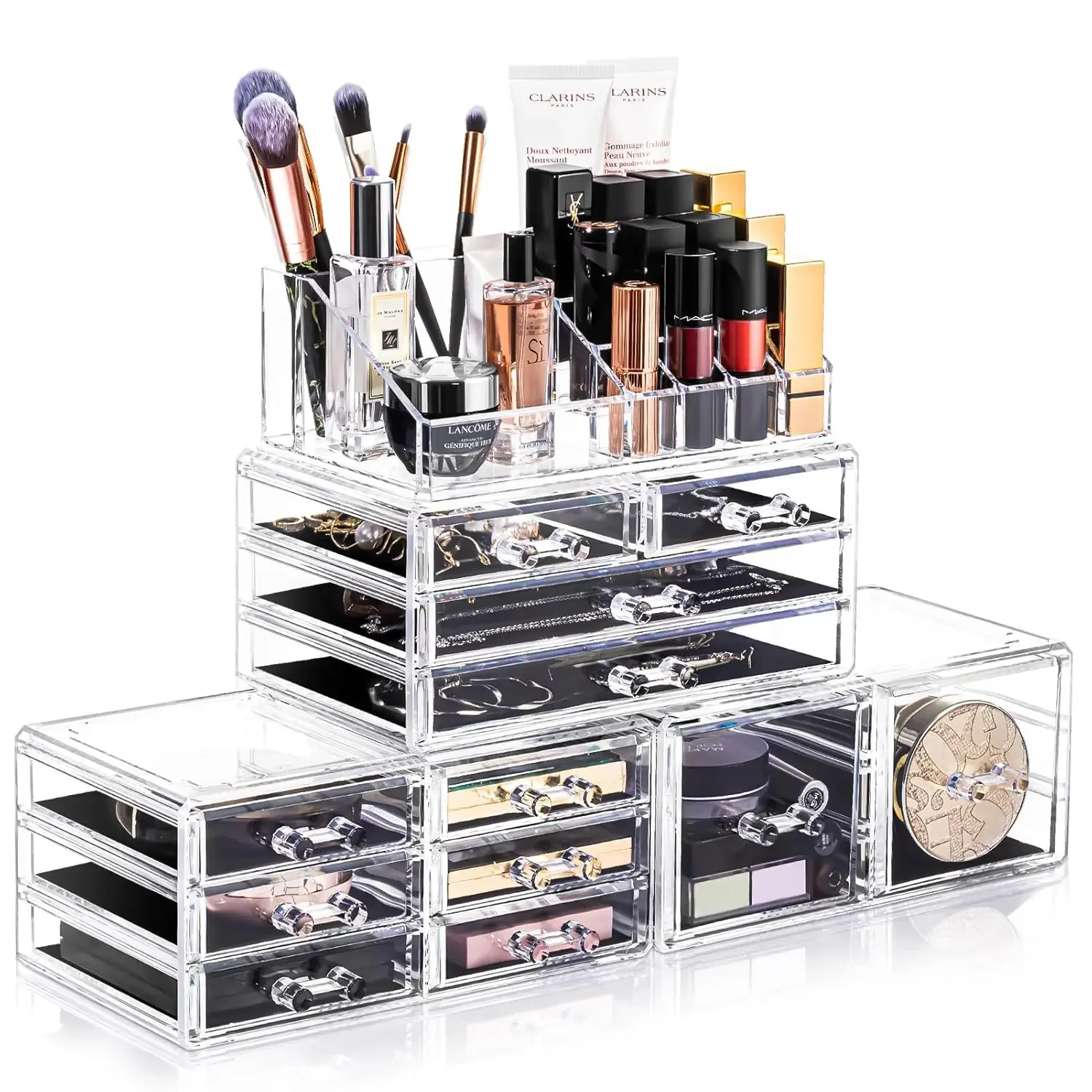 

Makeup Organizer 4 Pieces, Acrylic Makeup Storage Box with 12 Drawers for Lipstick Jewelry and Makeup Brushes