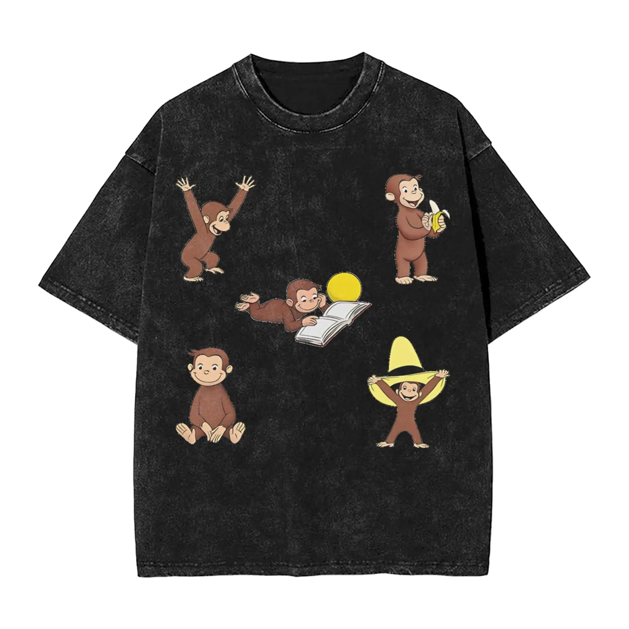 Curious George monkey cartoon for kids pack.  Washed T Shirts Streetwear Hip Hop Vintage T-Shirts  Tee Shirt Men Women